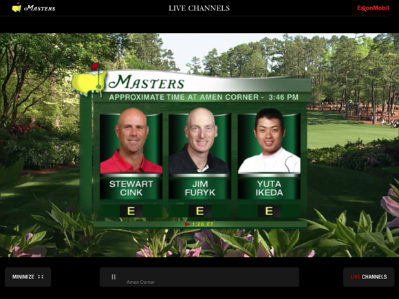 The Masters Golf Tournament app video feed