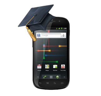 a Nexus S with a university cap on