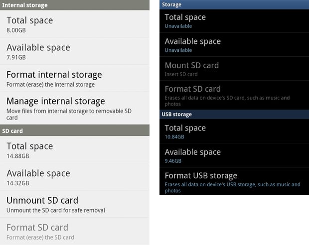 The Settings - Storage screen in Android