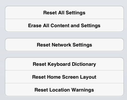 iPad Erase and Reset Screen