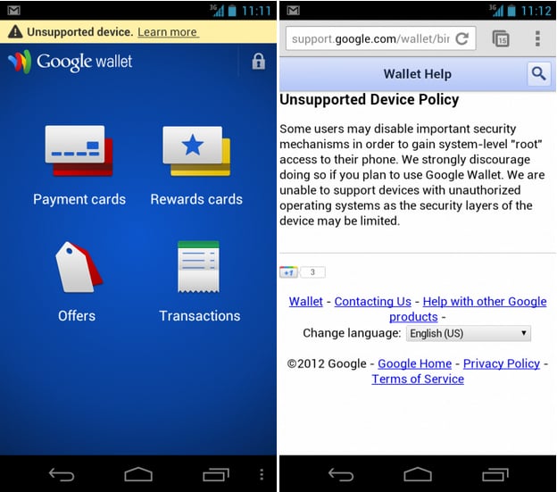 Google Wallet unsupported on rooted devices