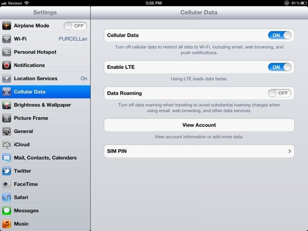Cellular Data in Settings