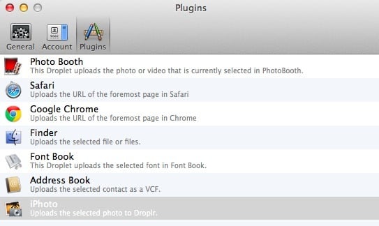 The Droplr list of plugins on my Mac