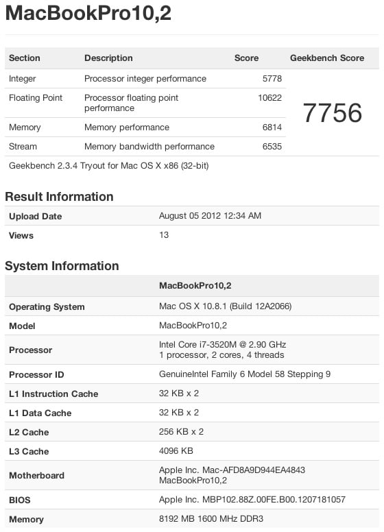 13-inch MacBook Pro with Retina Display geekbench benchmarks