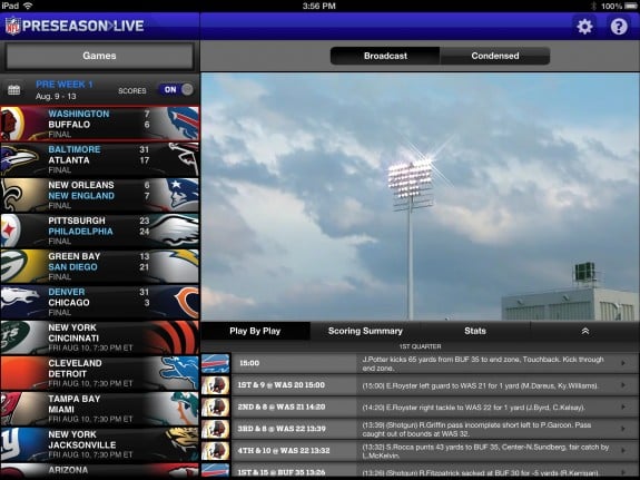 NFL Preseason Live Review iPad - Game Overview
