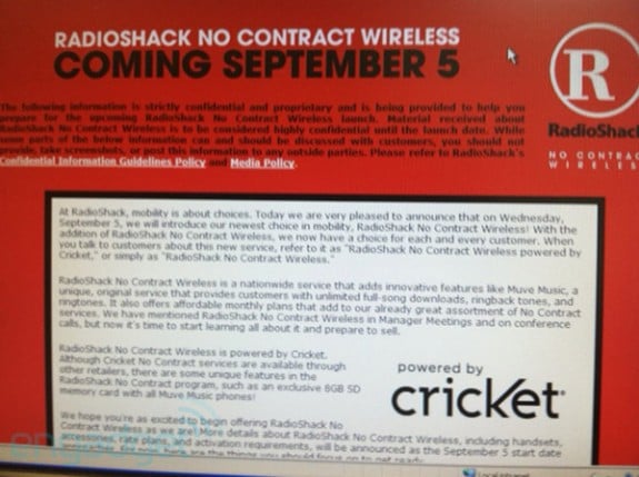 RadioShack No Contract Wireless leak
