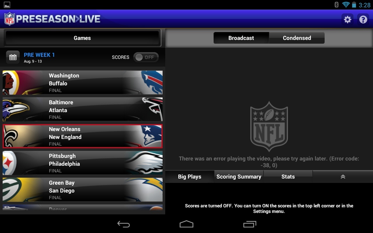 The NFL Preseason Live Android tablet error -38