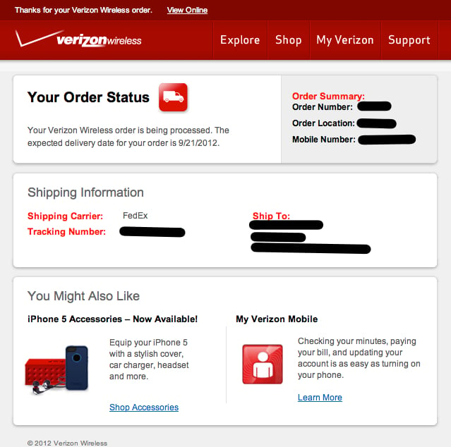 Verizon iPhone 5 shipping confirmation