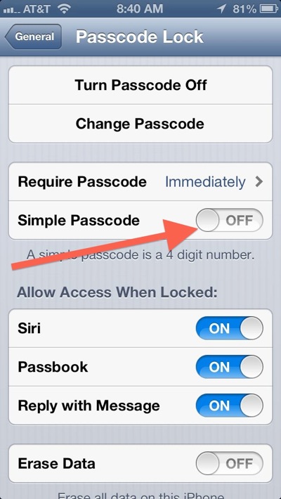 turn off siomple passcode