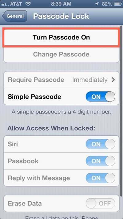 turn on passcode lock