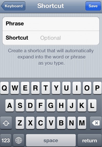 Add Keyboard Shotcut iPhone