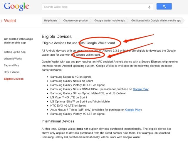 Google Wallet card support page