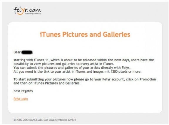 iTunes 11 Feiyr email