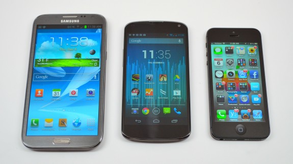 The Nexus 4, in the middle, next to the Galaxy Note 2 and iPhone 5.