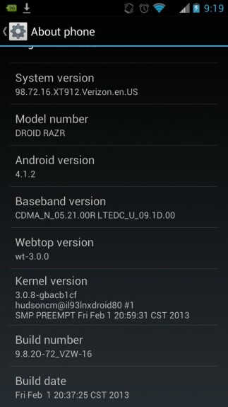 Screenshot showing the Droid RAZR and Droid RAZR MAXX Jelly Bean update in the wild. 