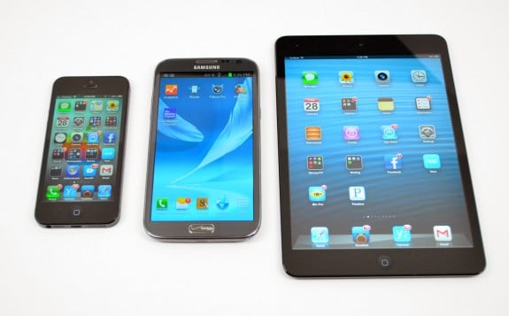 The Galaxy Note 2 in between the iPhone 5 and iPad mini.