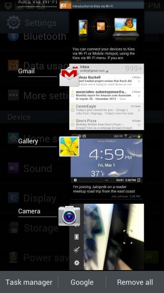 Check the currently running apps on the Samsung Galaxy S3.