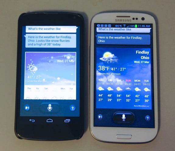S Voice from the Galaxy S4 on the Nexus 4 (left) vs S Voice on the Galaxy S3 (right).