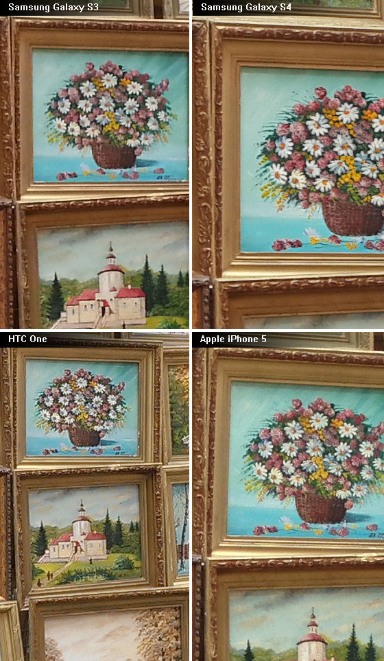 Samsung Galaxy S4 photo sample of detailed frames versus the HTC One, iPhone 5 and Galaxy S3.