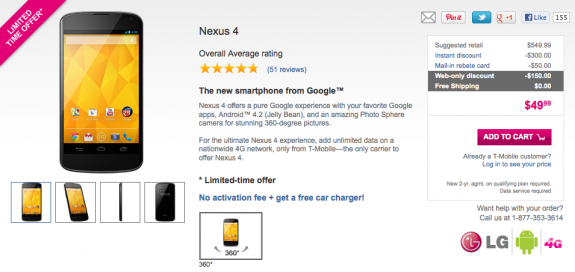 The Nexus 4 is much cheaper than many of T-Mobile's other high-end smartphones.