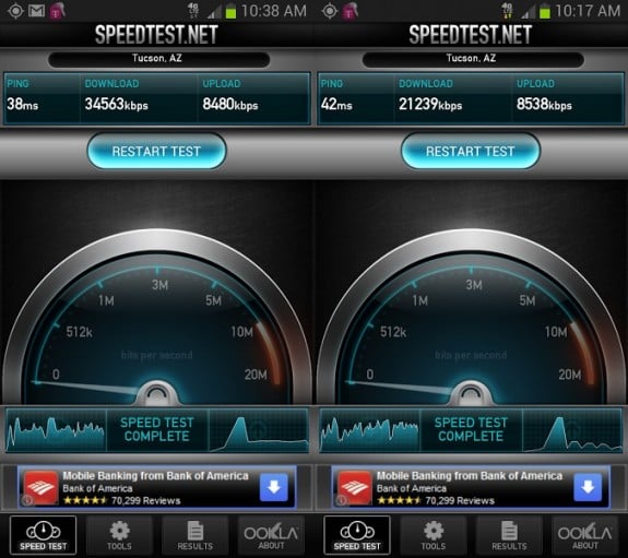 The Galaxy Note 2 T-Mobile 4G LTE speed tests in San Jose California show fast upload and download speeds. 