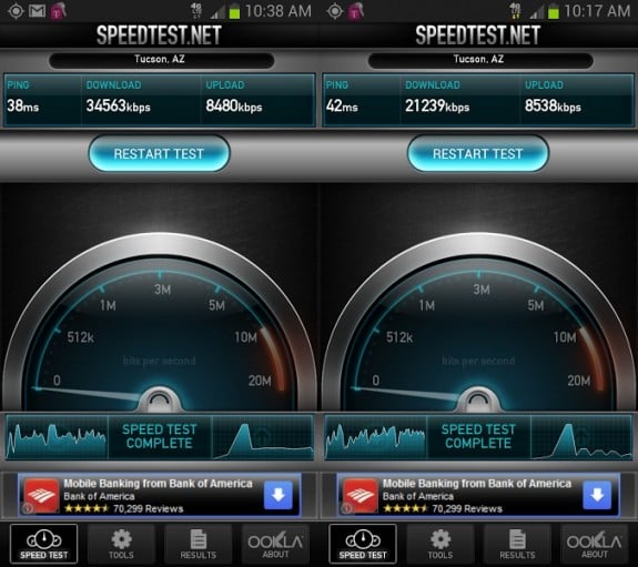The Galaxy Note 2 T-Mobile 4G LTE speed tests in San Jose California show fast upload and download speeds.