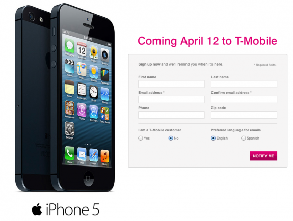 Users can pre-register for the T-Mobile iPhone 5 to pick one up on April 12th.