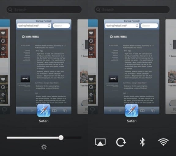 The iOS 7 concept shown here offers brightness control and toggles for common settings with a swipe.