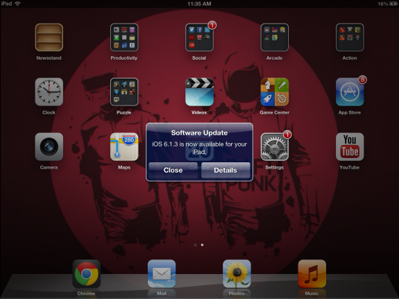 The iOS 6.1.3 update for iPad installed extremely fast.