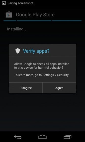 Choose to allow the Google Play Store 4.0 to search for harmful apps, or decline the free security feature.