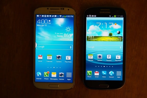 White Galaxy S4 left; Pebble Blue Galaxy S3 right