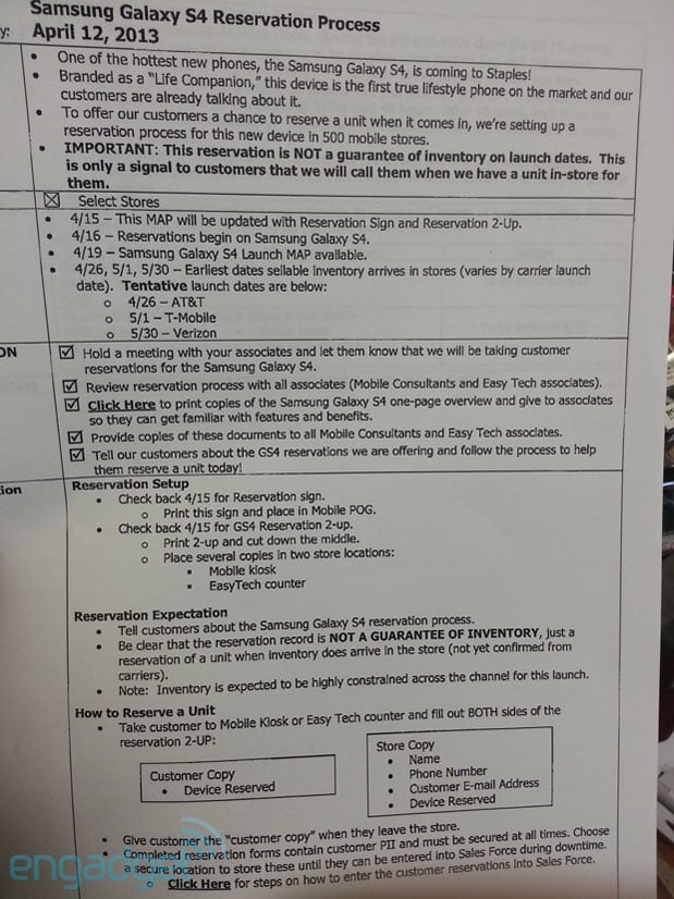 Alleged Staples document showing Samsung Galaxy S4 release dates and details.
