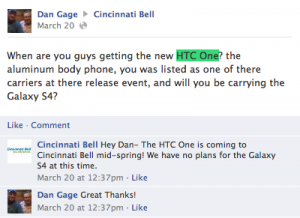 Cincinnati Bell will get the HTC One as well.