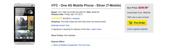 Best Buy is taking pre-orders for the HTC One.