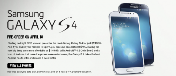 Sprint will release the Galaxy S4 on April 27th.
