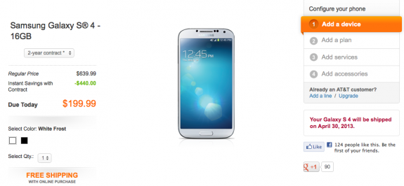 The AT&T Galaxy S4 is now listed as shipping out on April 30th.