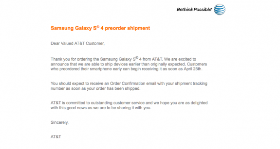 The AT&T Galaxy S4 will start shipping soon. 