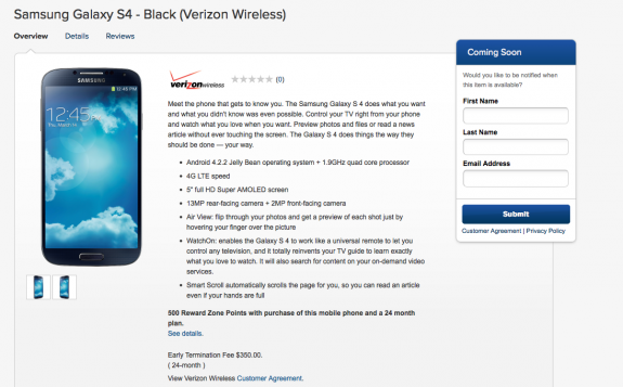 Best Buy says the Verizon Galaxy S4 is coming soon.