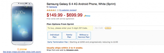 The Galaxy S4 has seen deals arrive on Amazon.