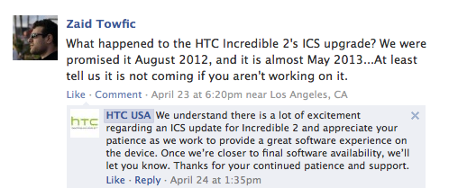 HTC has left the door open for a Droid Incredible 2 ICS update. 