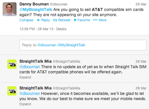 Straight Talk skirts the issue, alluding to the return of an AT&T SIM card.