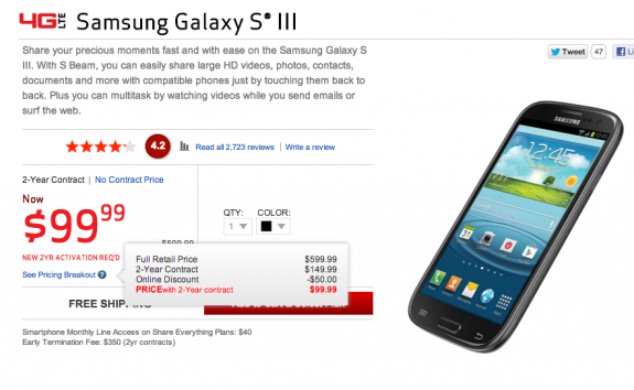 The Verizon Galaxy S3 is $100 less as Verizon prepares for the Samsung Galaxy S4.