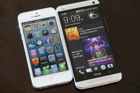 The iPhone 5 runs iOS 6 while the HTC One is on Android 4.1.2 with HTC Sense 5.