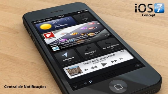 The iOS 7 concept features a new Notification Center with widgets and toggles.