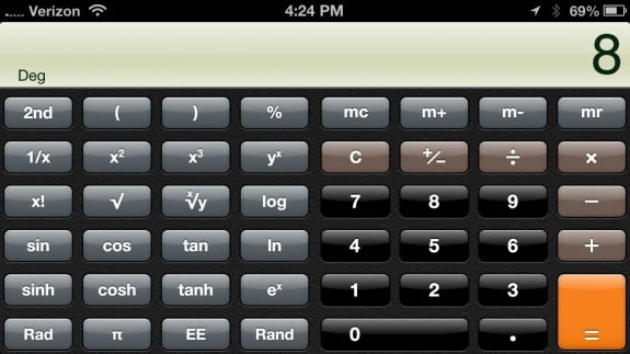 The iPhone 5 holds a scientific calculator when swiveled to landscape.