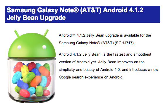 The AT&T Galaxy Note Android 4.1 Jelly Bean is available right now.