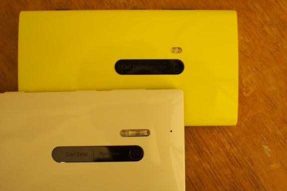 Front: Lumia 928 with Xenon flash and single LED auto-focus assist lamp for Verizon; Rear: Yellow Lumia 920 with dual-LED flash on AT&T
