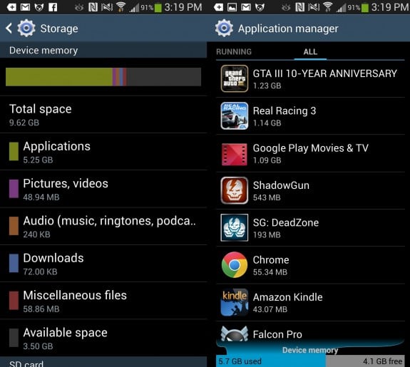 Samsung Galaxy S4 data used after one week thanks to a few games and one HD movie.