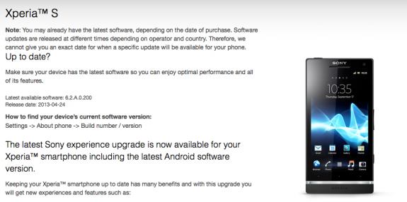Jelly Bean has appeared on the Sony Xperia S website.
