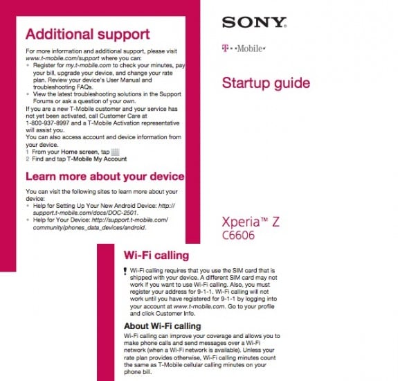 The Sony Xperia Z on T-Mobile carries the C6606 model number and supports LTE and WiFi calling.